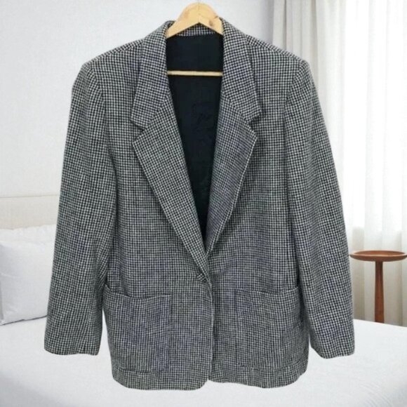 Women Vintage Houndstooth Blazer Black White Wool Blend Size XL - Picture 1 of 9